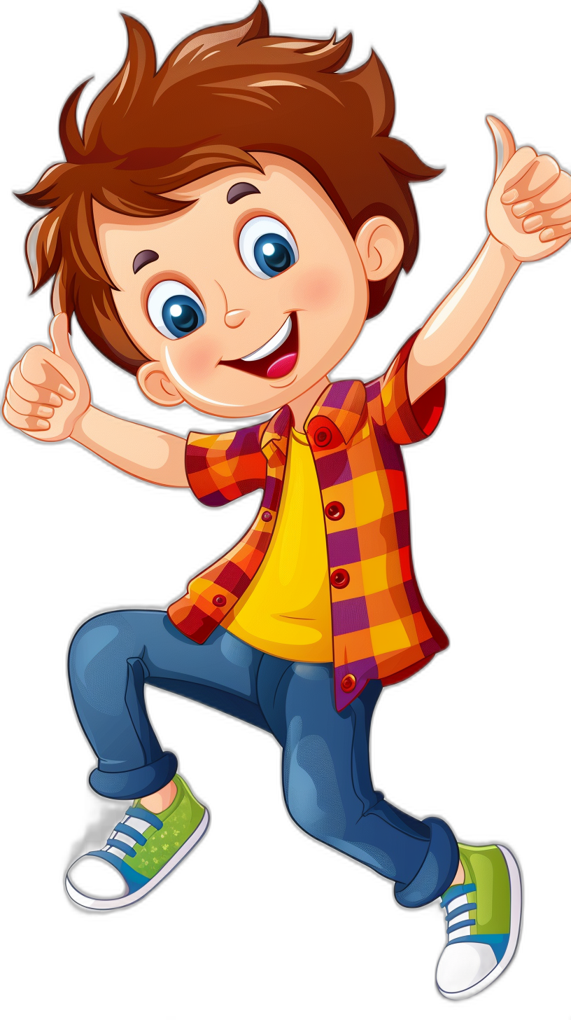 A cartoon boy with brown hair and blue eyes, dressed in jeans, is dancing on a black background. He has his right hand up giving a thumbs-up sign. The character should have vibrant colors and exaggerated features typical of children’s book illustrations. It must be depicted as an illustration in the style of a vector cartoon art.