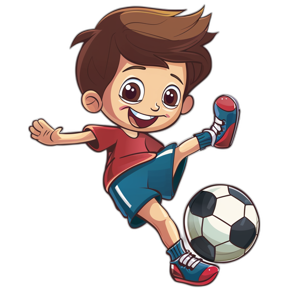 Cartoon illustrative style, a cute cartoon boy playing soccer in red and blue with a black background. The character is smiling while kicking the ball. He has brown hair and wears white shoes with dark grey soles. It should have clear outlines for vector graphics. Isolated on a Black Background.