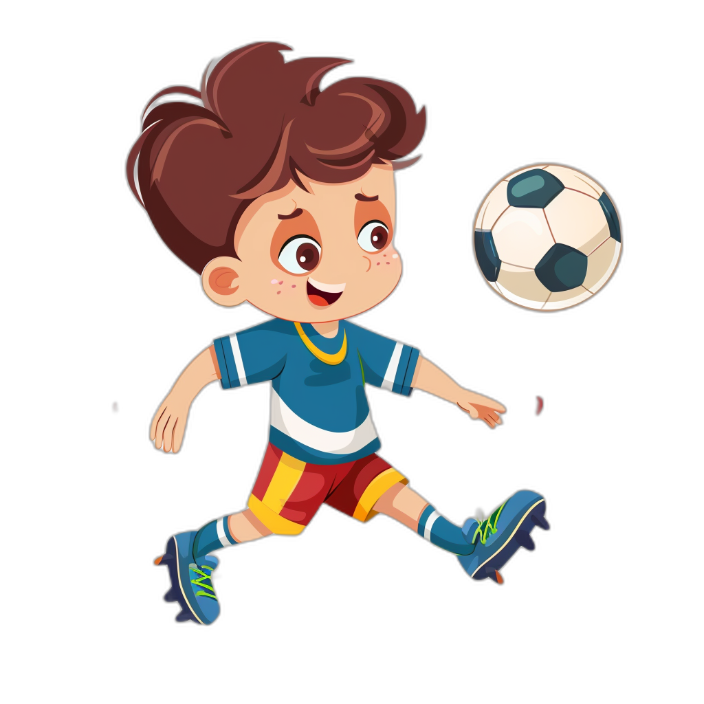 cartoon boy playing soccer, flat design illustration, black background, vector graphic logo for tshirt print, full body shot, wearing blue and red jersey with white shorts, yellow shoes boots, brown hair, big eyes, smiling face expression, playing football ball, cartoon character, isolated on dark black color background, professional graphics, hd, high quality