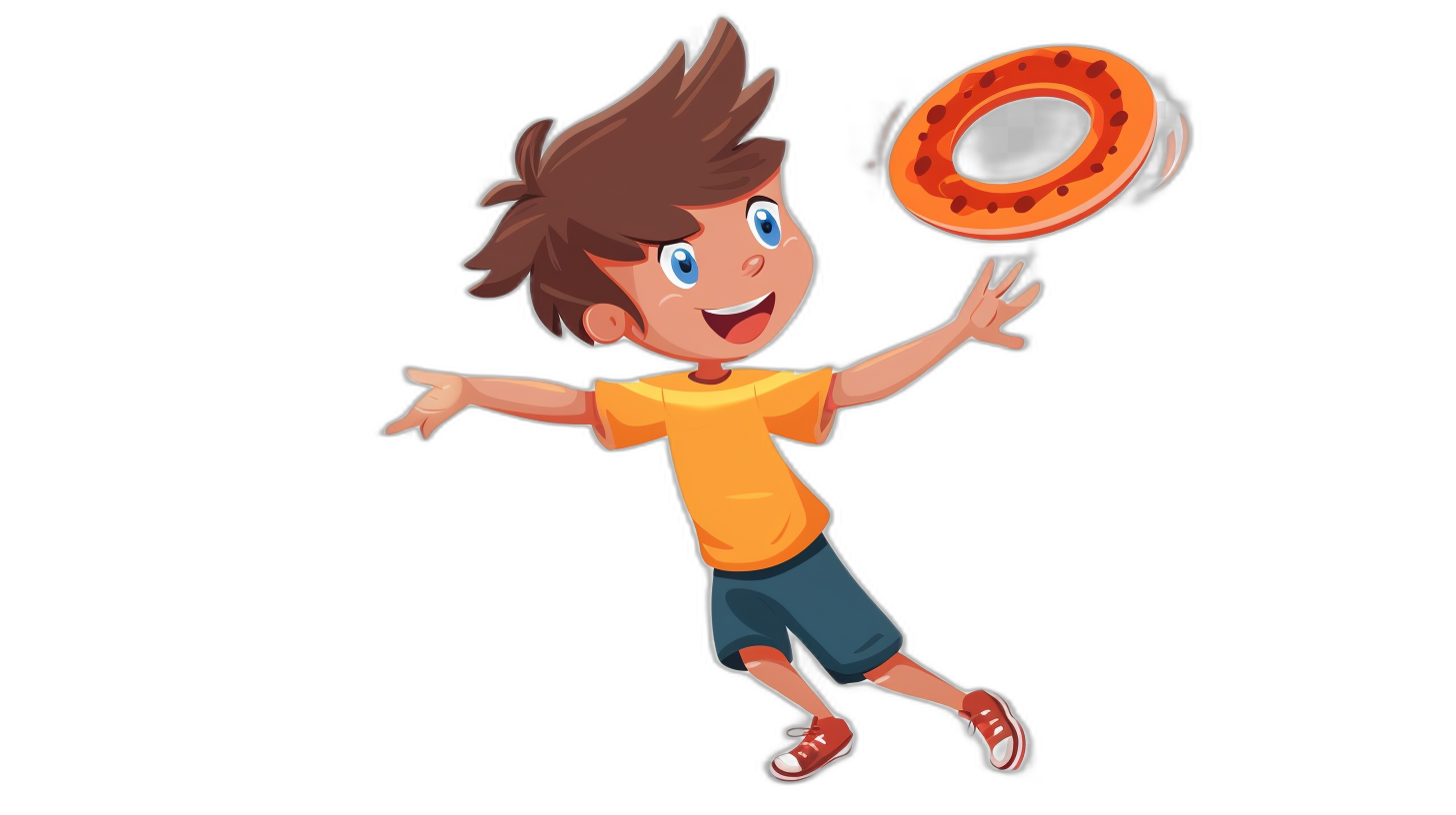 A cartoon boy in an orange t-shirt and blue shorts, with brown hair and light skin is throwing a frisbee. The black background of his shirt creates contrast between it and the bright colors on the t-shirt, while he playfully jumps to catch a spinning red circle-shaped frisbee toy flying towards him. Vector illustration in the style of a children’s book, minimalism, flat design, simple shapes, no gradients, simple details, white outline, solid color fill, 2d animation style.