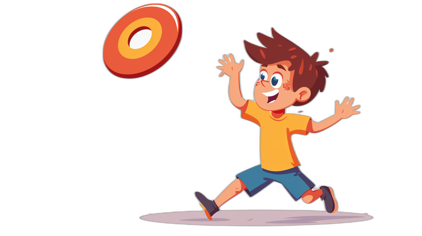 A cartoon boy throwing a frisbee, in a flat design illustration style, simple, cute, vector art, colorful, with a solid black background.