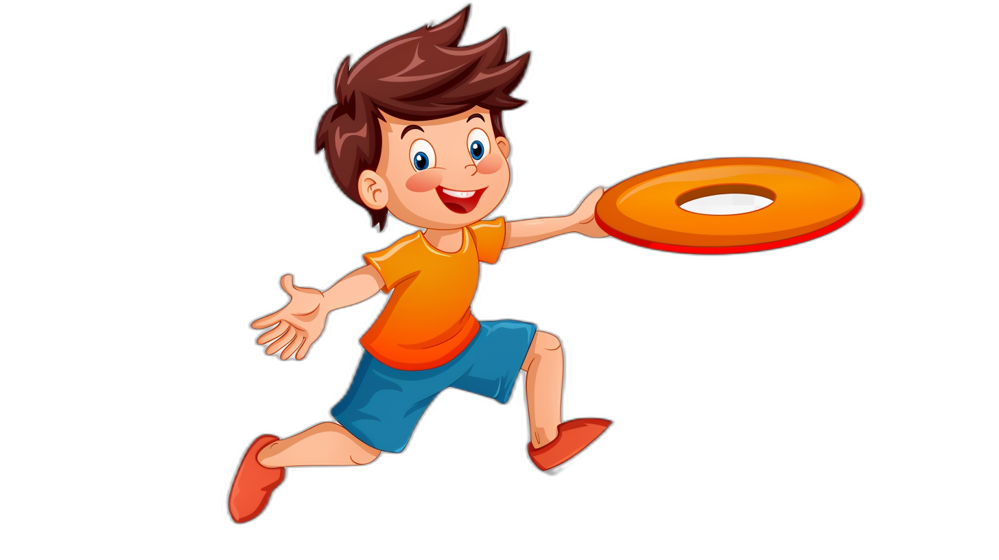 A cartoon boy is playing frisbee in the style of a vector illustration on a black background. The illustration is simple and cute with simple lines showing a full body shot from the front in closeup. The cartoon character design uses simple color blocks with solid bright colors in a flat color illustration style reminiscent of cartoon animation. The details are simple yet the resolution is high definition. The background is isolated and black.