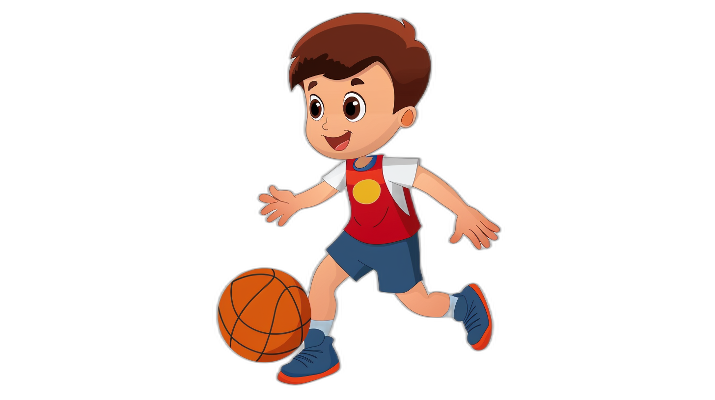 A cute cartoon boy playing basketball, full body shot, flat illustration style with black background. He is wearing blue shorts and red vest over his chest, holding the ball in one hand while running forward. The overall color scheme of the character includes dark brown hair, light skin tone, bright eyes, smiling expression, wearing sneakers on feet. It’s an adorable scene that captures attention., focus on face,