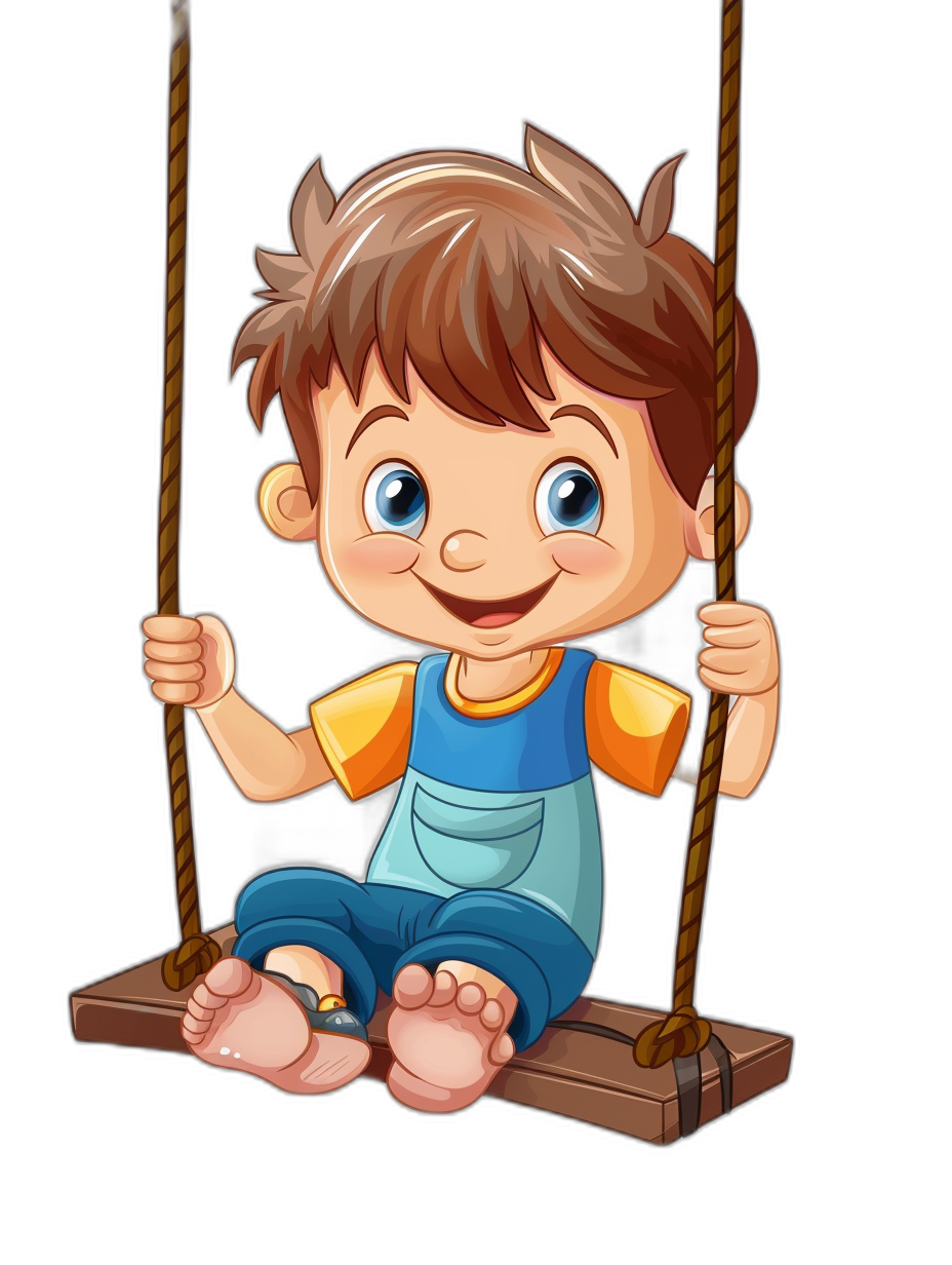 A cute cartoon boy sitting on the swing, simple drawing style, vector illustration, colorful cartoon characters, full body portrait, black background, high resolution, Disney Pixar animation style, bright colors, high details, no shadowing, no gradient shading.