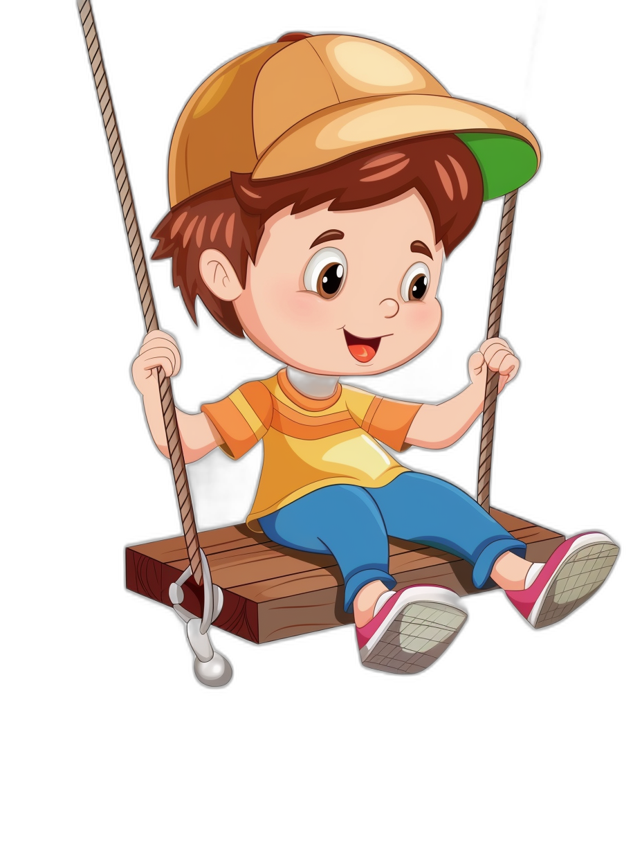 A cartoon boy wearing baseball cap sitting on wooden swing isolated, vector illustration with black background