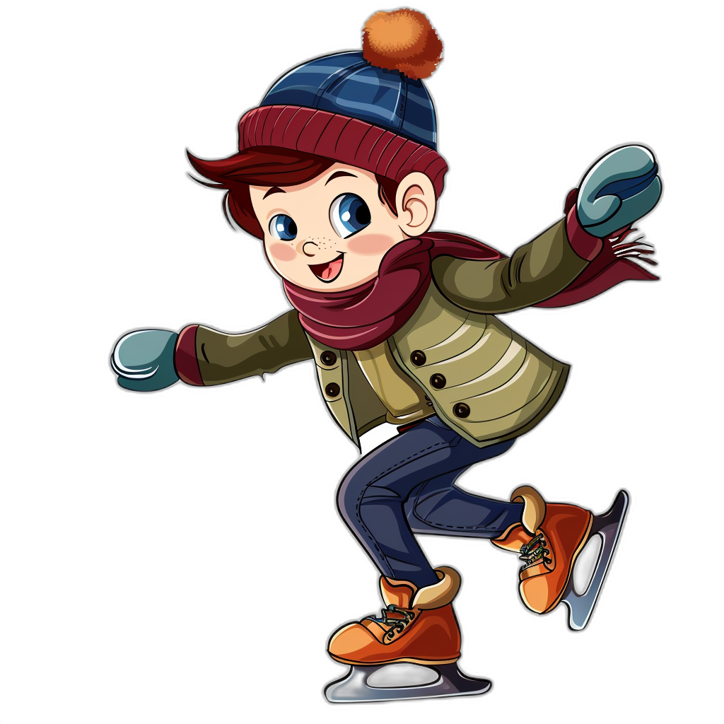 A cartoon-style boy ice skating, wearing winter  and gloves, in the clip art style with a black background.