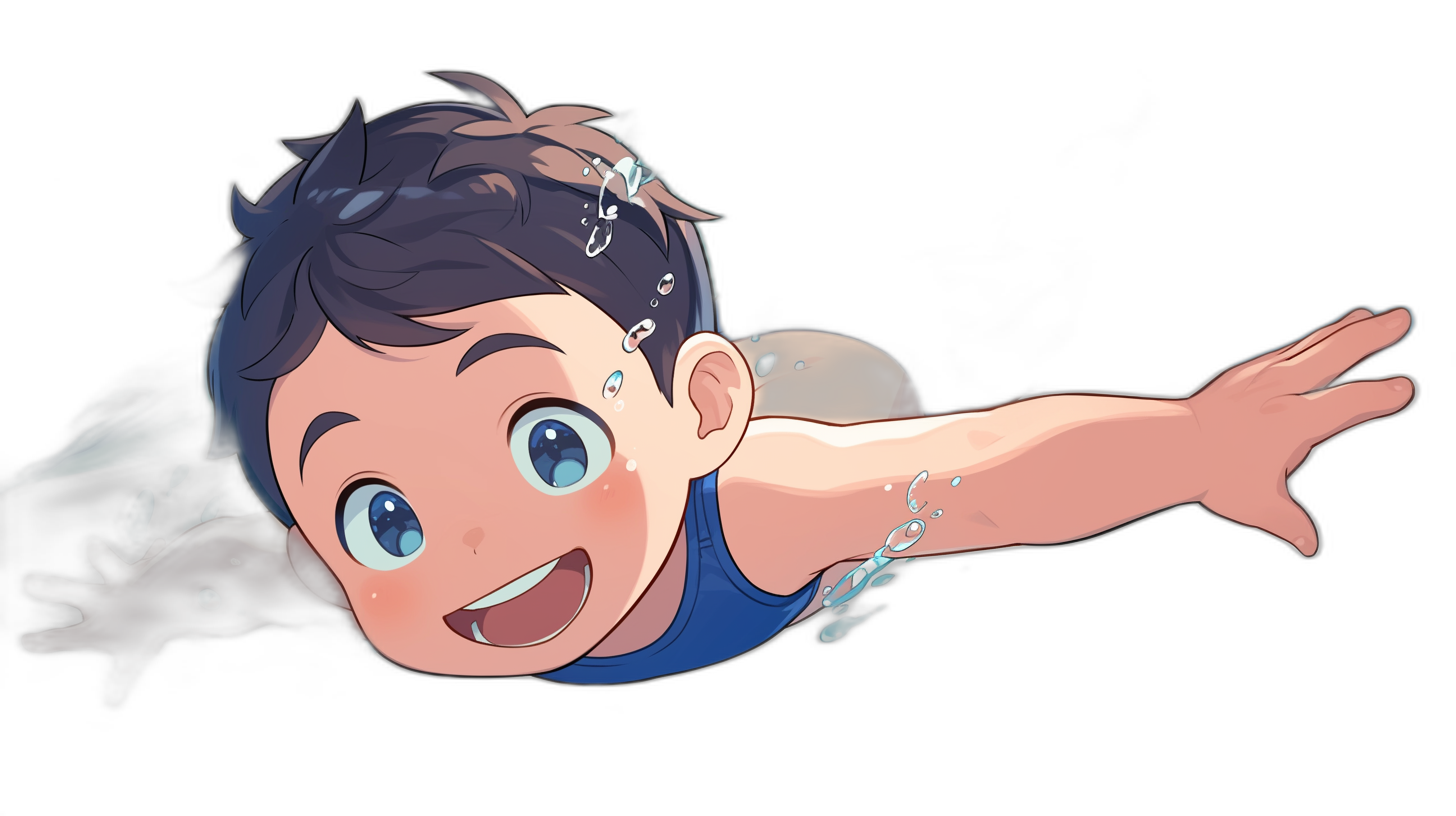 A cute little boy with short hair, smiling and diving into the water from above in a blue tank top. The style is anime, with a simple black background and cartoon character design in the style of [Studio Ghibli](https://goo.gl/search?artist%20Studio%20Ghibli). The art has the look of 2D game art, with vector illustration and digital painting techniques. It is drawn with high detail, hyper quality, high resolution and sharp focus. There are no blur or bokeh effects.