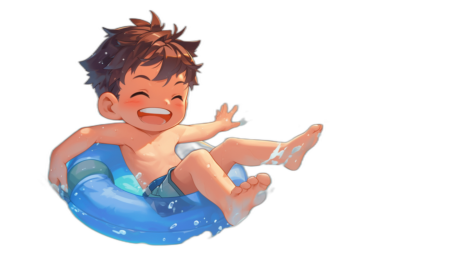 A cute little boy is sitting on an inflatable ring, floating in the water with his feet outstretched and smiling happily. He has short brown hair, wearing blue swim shorts, with a black background. The illustration style should be in the style of anime with bright colors and high contrast lighting.