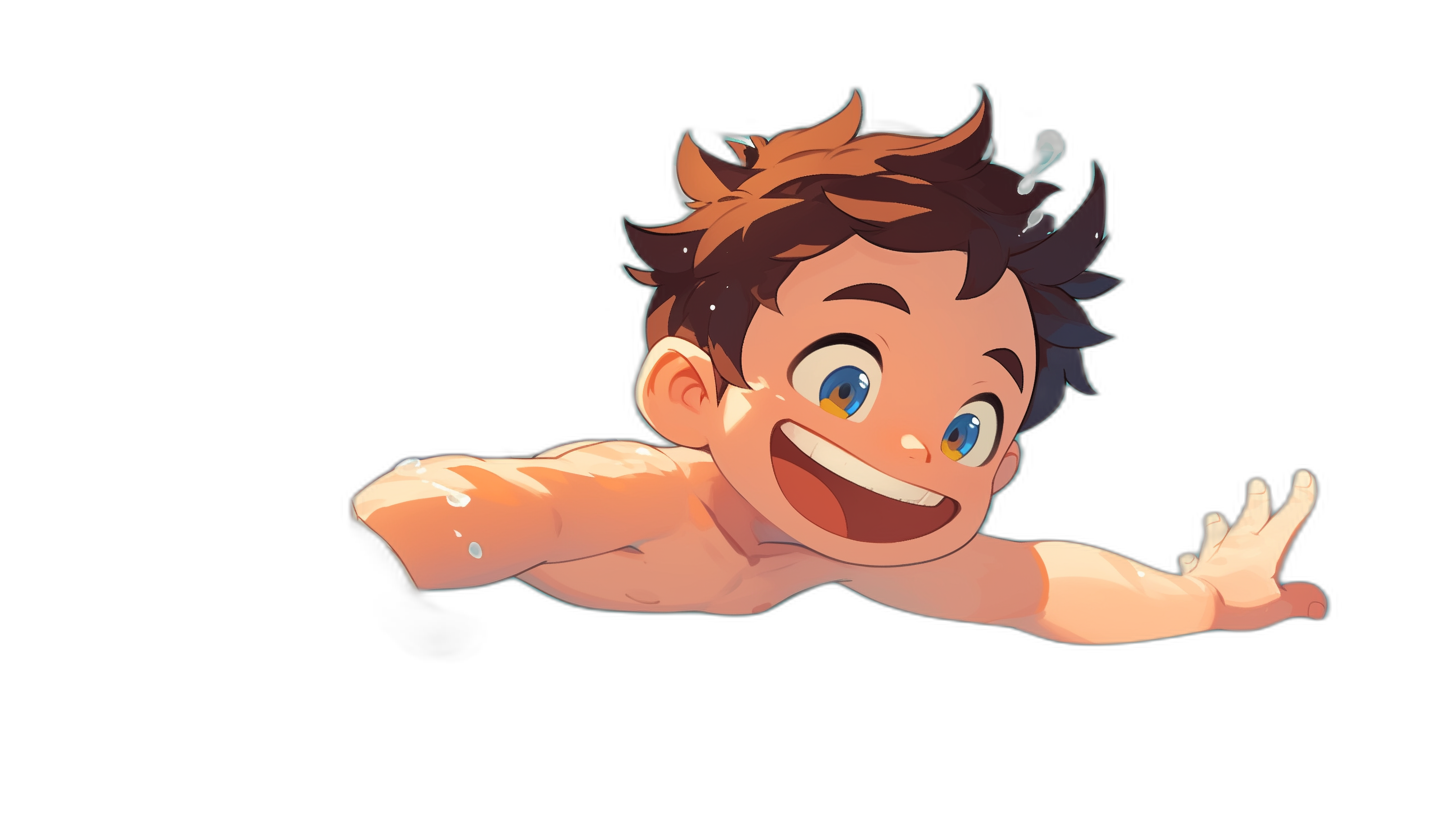 anime character design, a cute boy with brown hair and blue eyes smiling while floating in the air on a black background. He is happy and wearing a swimming suit. He has short spiky light brown curly hair, his head tilted back far, his hands outstretched behind him. The style is simple and cartoon-like.