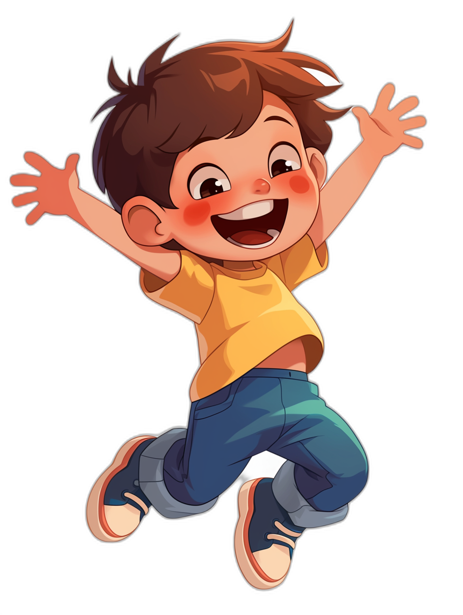 A cute happy boy jumping in the air in the style of a cartoon, for a children’s book illustration in full color. The style is simple with the character on a black background. The vector image is high resolution and has a very detailed character design.