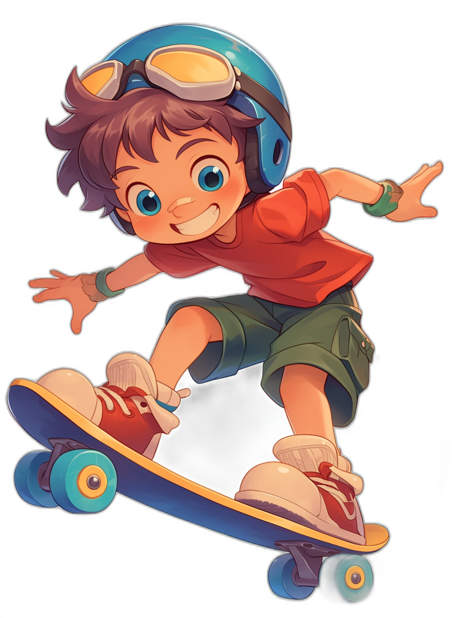 A cute cartoon boy on skateboard, chibi style character design, colorful and vibrant colors, black background, game art illustration, character concept art, 2D animation, flat color, full body shot, wide angle, high resolution, high detail, high quality, high definition, sharp focus, hyper realistic, super detailed, high octane render, high contrast, high dynamic range, professional photography, studio lighting,