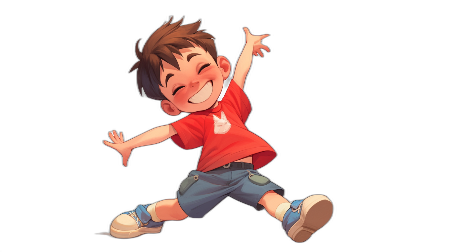 A cute little boy is jumping up and laughing happily in the air, wearing red short sleeves with white shoes on his feet against a dark background. The style is cartoon-like and reminiscent of Disney Pixar, with high definition and high resolution in a full body shot against a solid black background. The art design style has a sense of vitality reminiscent of game art.