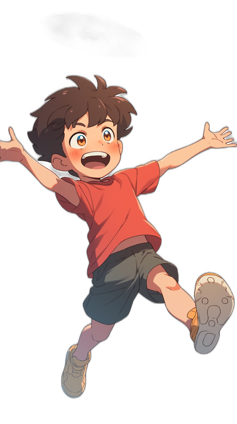 A cute boy, jumping up with his hands open and feet on the ground in the style of Japanese anime. He is wearing an orange T-shirt, black shorts, gray shoes, white socks, smiling expression, brown hair, short curly head, red eyes, pure dark background. In the style of [Hayao Miyazaki](https://goo.gl/search?artist%20Hayao%20Miyazaki) anime, high definition details, black background, the whole body of characters, cartoon character design styles, cartoon characters, full color animation stills, and children’s book illustrations.