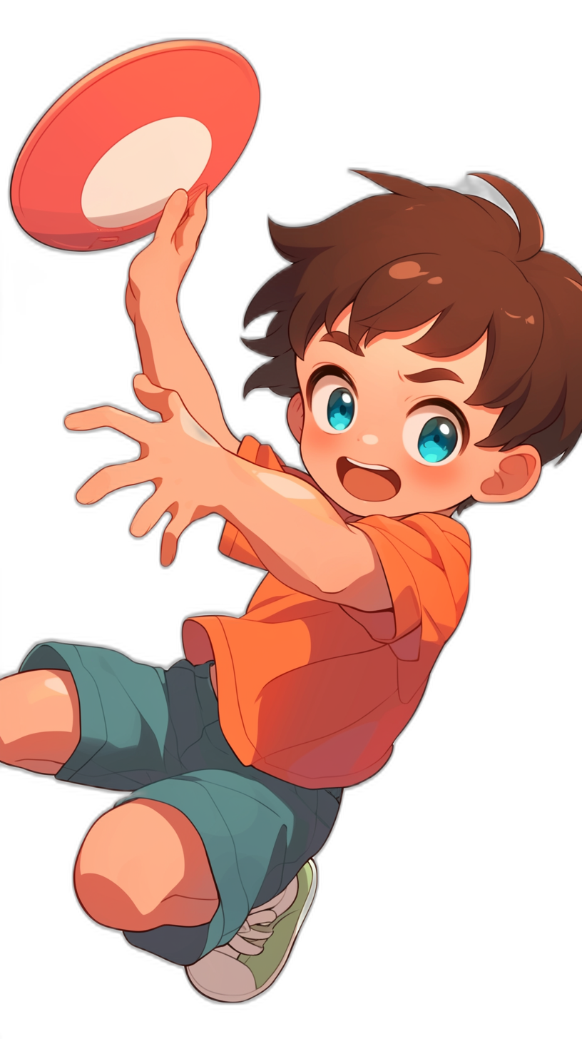 A cute boy is playing frisbee, jumping up and down with his hands open to catch the Fr仟sjae in front of him. He has brown hair and blue eyes. The background color should be black, and he wears an orange shirt and green shorts on top. Anime style, full body shot, high resolution, no text or other elements in it.