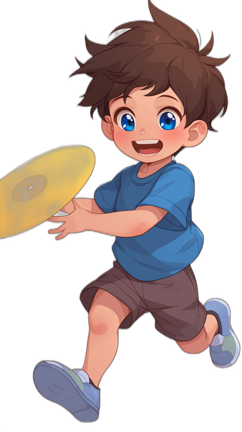 A cute boy with brown hair and blue eyes, wearing dark gray shorts and a light blue t-shirt is playing frisbee on a black background in the style of anime.