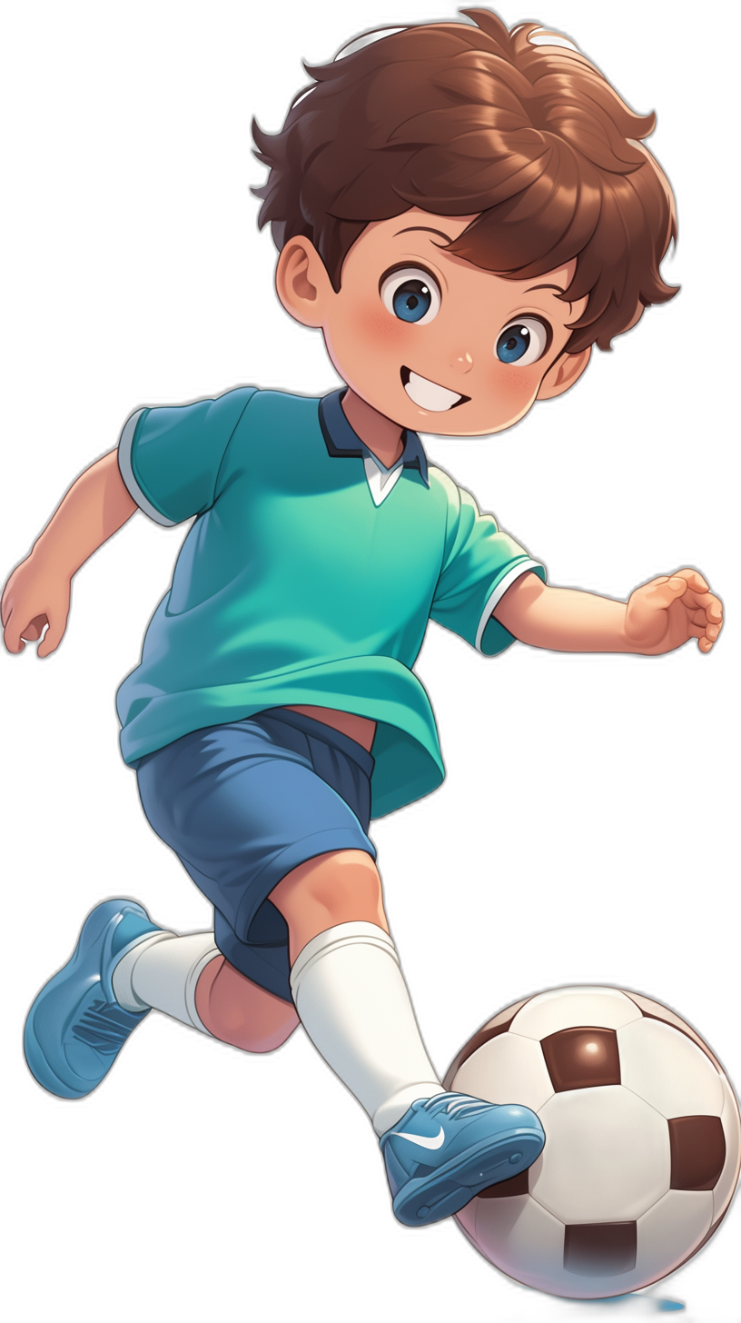 A cute little boy is playing football, wearing blue shorts and a green short-sleeved shirt with white shoes on his feet. He has brown hair and bright eyes, smiling happily as he dribbles the ball across the field. The background of the scene is black, highlighting the character’s movements and expressions. It is an anime style cartoon illustration in the style of a black background.