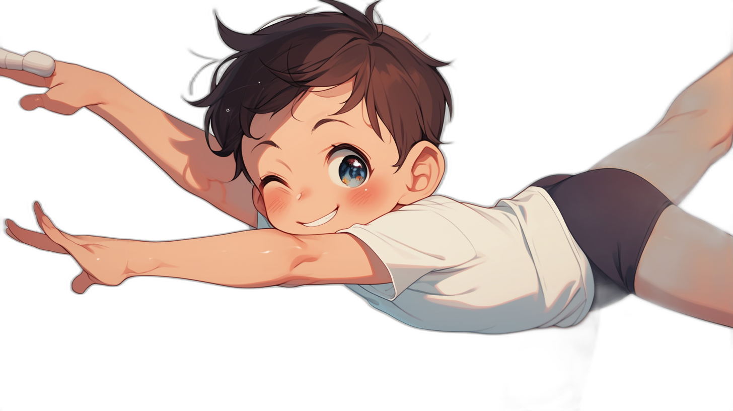 A cute boy with short brown hair and blue eyes, smiling while falling in the air, wearing a white shirt and navy blue skirt, in the style of anime, black background, 2D art.