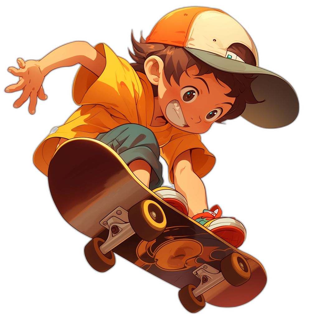 A young boy in an orange shirt and green shorts, wearing a white cap with a brown brim on his head is doing skateboard tricks. The illustration style should be cartoonish, colorful, and detailed. It’s set against a black background. He has big eyes and dark hair, he wears red sneakers. In the style of anime.