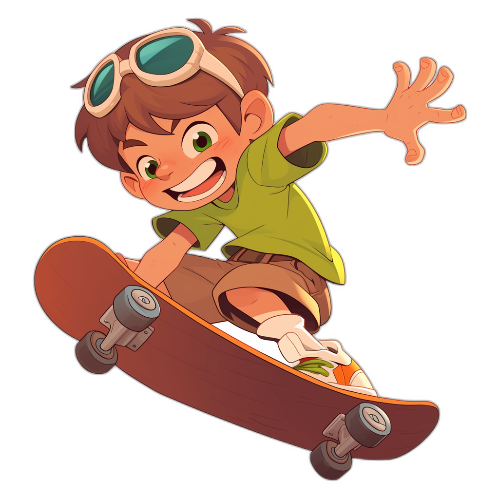 A cartoon character of a happy boy, with brown hair and green eyes, wearing goggles on his head as he skateboards in the air against a black background. A 2D vector illustration of the character in the style of a game art style, with high resolution and detailed character illustrations. Animated gifs of simplified cartoon characters and scenes.