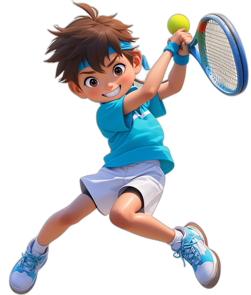 A young boy playing tennis, with brown hair and blue eyes, wearing white shorts and a light blue t-shirt. The cartoon style character is in the style of Pixar animation studio from Disney on a black background.