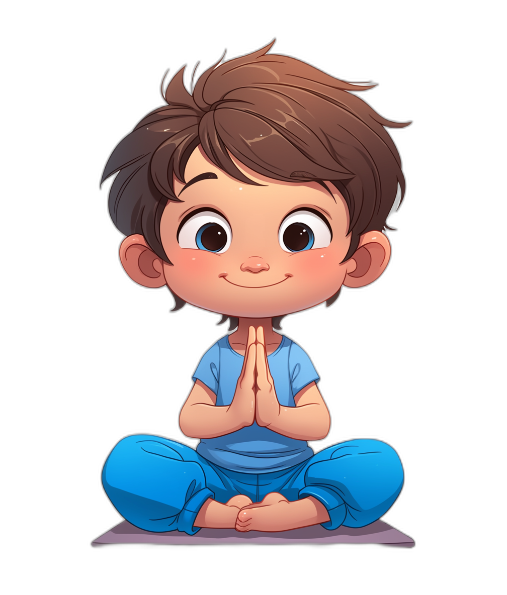 A cute little boy with brown hair, wearing blue yoga pants and sitting on the floor with his hands folded in prayer, a smiling expression, in the simple vector illustration style, on a black background, a cute cartoon character design in the Disney Pixar animation style.