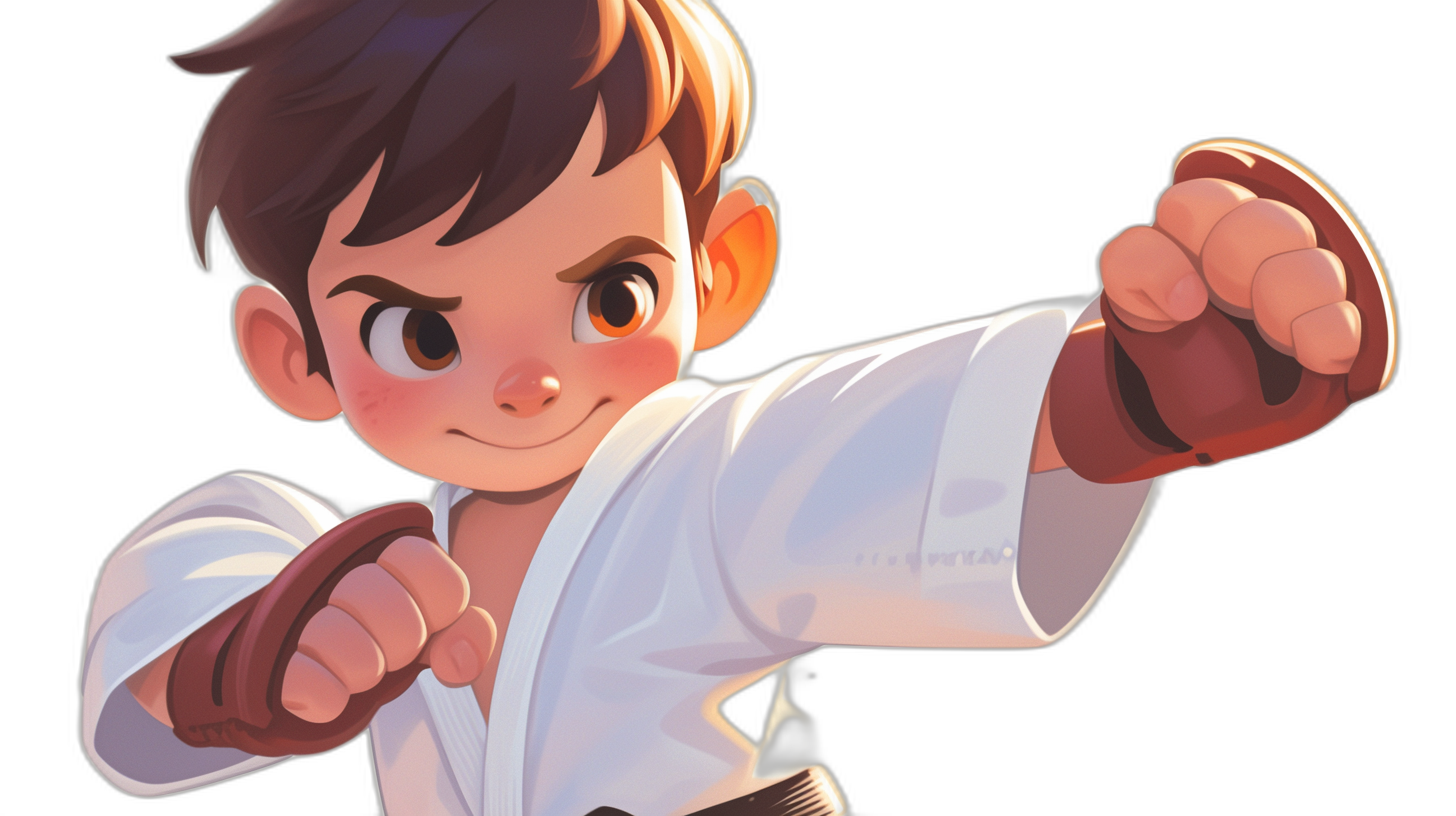 A cute little boy is practicing karate, with brown hair and big eyes. He wears white with red gloves on his hands, in the cartoon style, on a black background, as a closeup of his upper body, as a fullbody portrait, in the style of 2D game art, with simple lines, with a high saturation color scheme, with a martial arts spirit. The whole scene gives people an energetic feeling. In the movie poster style of Disney Pixar animation.