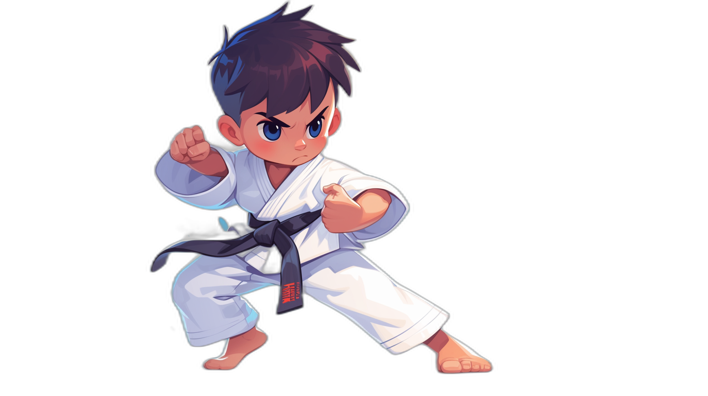 A little boy in white karate outfit, doing front kick pose, blue eyes and dark hair, black background, cartoon style, 2D game art, simple design, high resolution, high quality, high detail, high definition, octane rendering, 3d render, 4 k, full body character design, retro video game aesthetic, chibi anime style