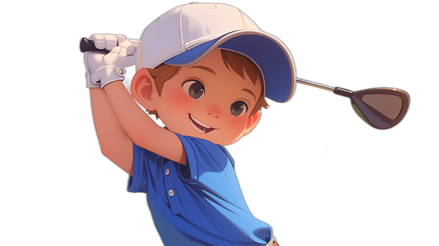 A cute boy in a blue t-shirt and white cap, swinging a golf club, with a smiling face, on a black background, in the style of Disney cartoon character design, digital art in the style of Kienan Lafferty, concept art for a mobile game.