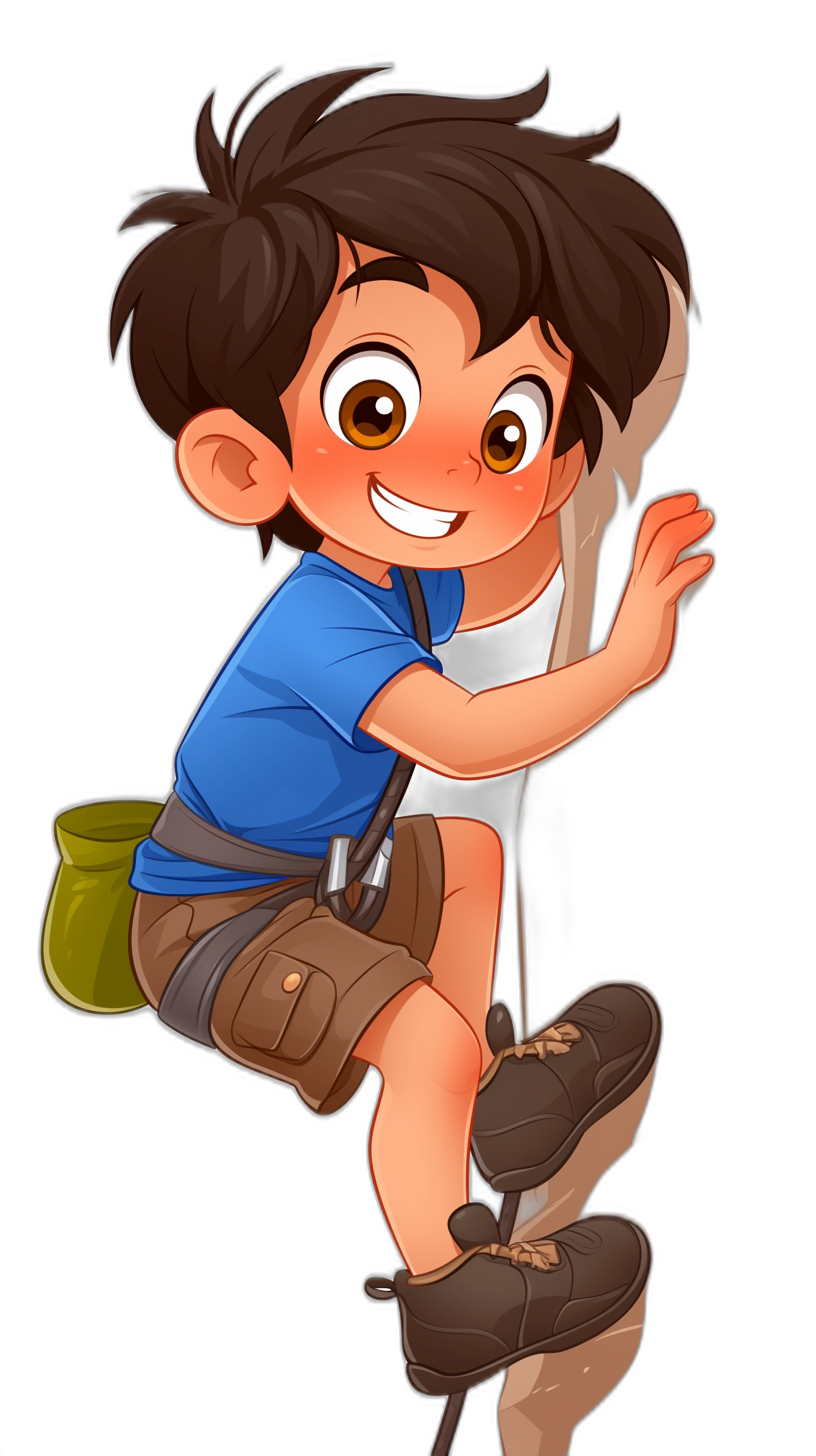 A cute boy with brown hair and black eyes, wearing a blue short-sleeved shirt and khaki shorts, hanging on a climbing rope in the style of Pixar. Black background, cartoon character design, full body portrait, cute expression, high-definition resolution, bright colors, smile, confident.