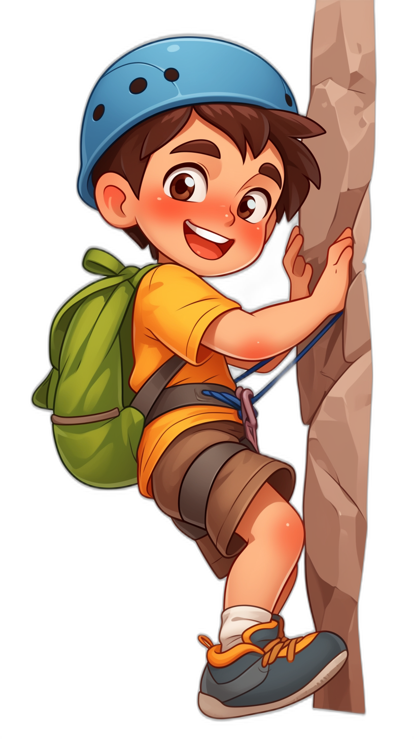 cartoon boy wearing a climbing helmet, with short brown hair and orange eyes with a smiling face expression while hanging on the wall of rock climbing in nature with a green backpack, in the style of cartoon vector illustration for kids book isolated on a black background