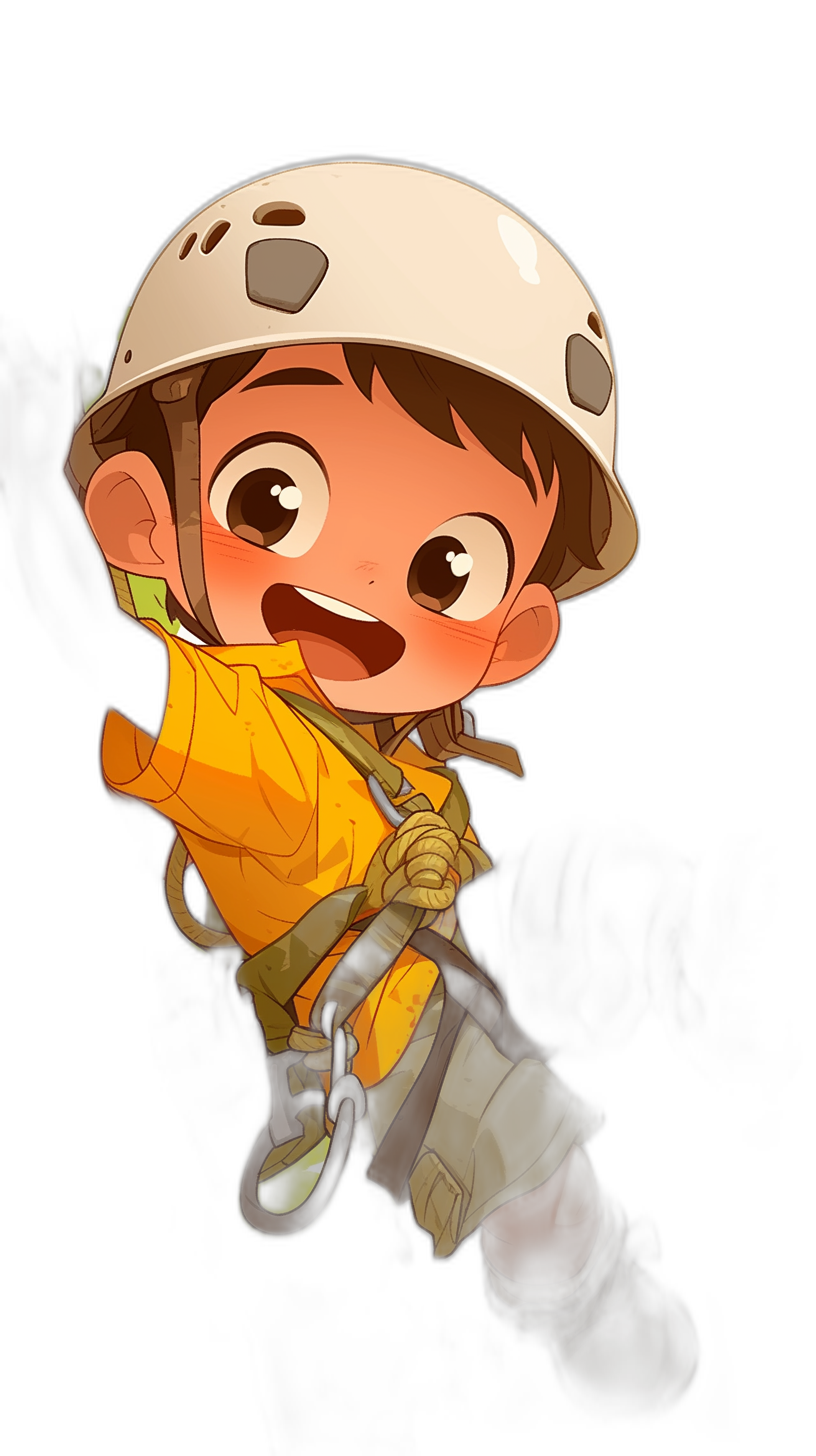 A cute little boy in climbing gear is smiling and looking up at the camera with an excited expression on his face. He is wearing a white helmet and brown outfit with a yellow shirt underneath. The background of the illustration should be black to highlight him against the dark backdrop. In the style of a chibi cartoon character, this is a digital art.