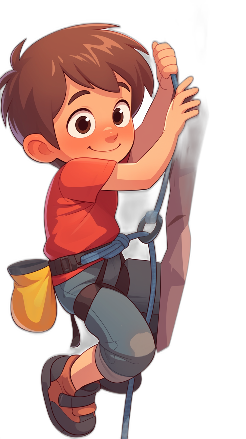 A cartoon boy with brown hair, climbing on the wall of rock, hanging from ropes and smiling happily. He is wearing blue pants, red shirt, white shoes, yellow backpack and black helmet. The background color should be dark to highlight his figure and create contrast between light and shadow. In style of chibi anime. Black Background. Cartoon Style