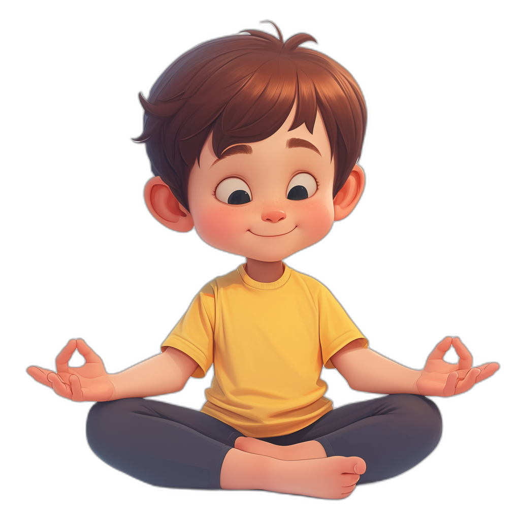 A cute little boy doing yoga in the style of Disney, with a simple and clear cartoon character design. He is wearing a yellow t-shirt, sitting crosslegged with folded hands in front of his chest and closed eyes, floating above his feet on a black background. The boy has a smiling expression on his face, brown hair, and big head and small body proportions in the 3D rendering from a fullbody perspective.