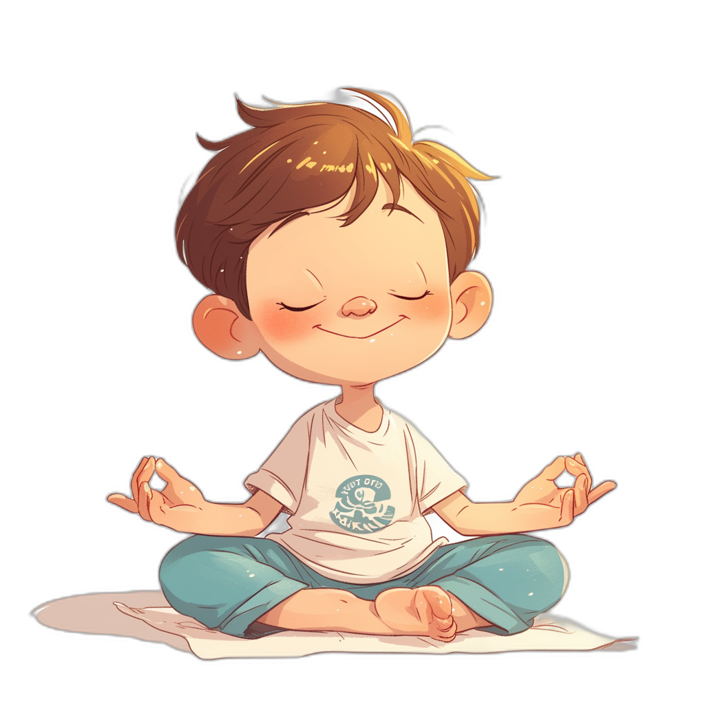 A cute little boy is sitting in a lotus position and meditating, wearing a white t-shirt with blue pants and smiling. The illustration is in the style of a simple vector art with lines and a chibi character design. It has a cartoon art style on a simple black background. The cute baby cartoon avatar is high resolution, high detail, high quality, and high definition with high pixel count and sharpness as well as a high dynamic range.