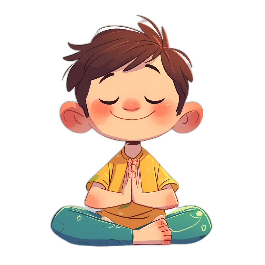 A cute cartoon boy doing yoga with a happy expression, hands clasped together in a prayer pose with eyes closed and head tilted back slightly, sitting cross-legged on the ground, wearing bright , on a simple solid color background, in a simple flat illustration style, on a black background, with a high definition resolution, in the cute chibi style.