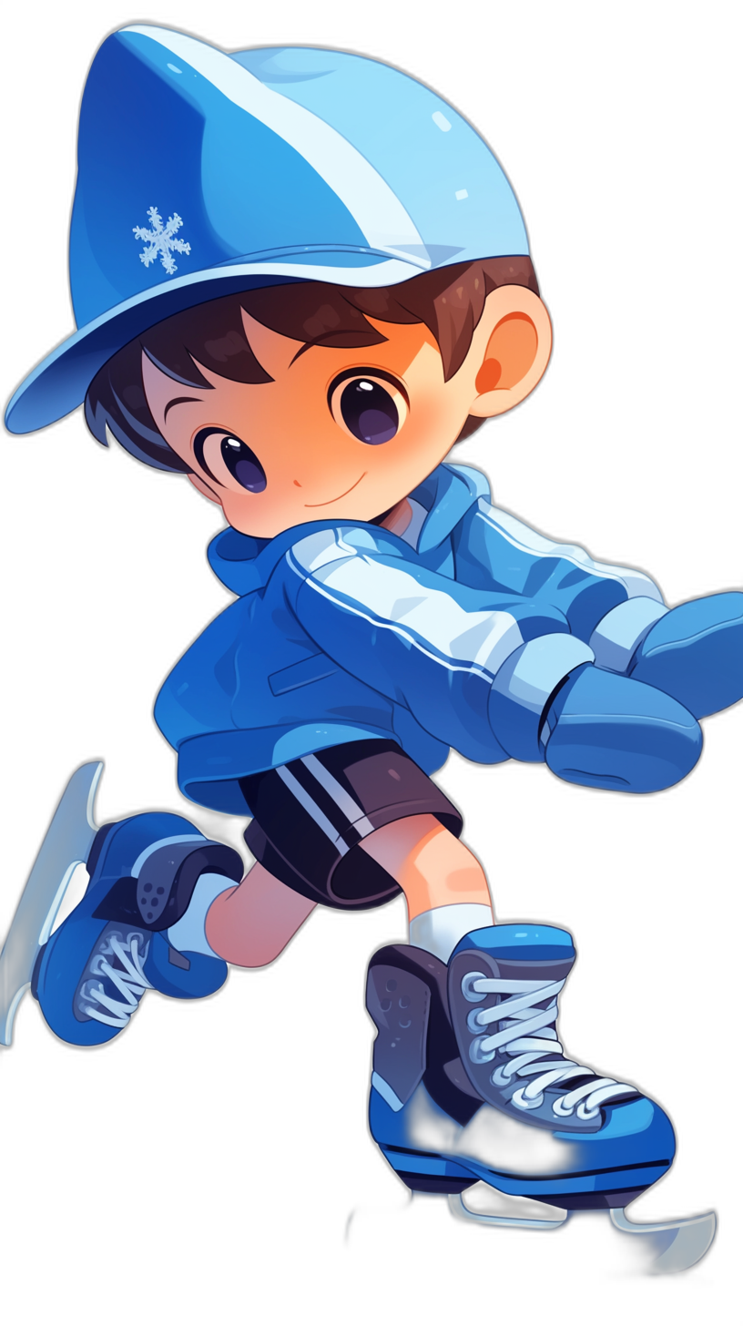 Cute cartoon boy ice skating, wearing blue and white hat with logo, short black shorts, light navy coat, skates in hand, happy expression, full body portrait, pure black background, high definition wallpaper