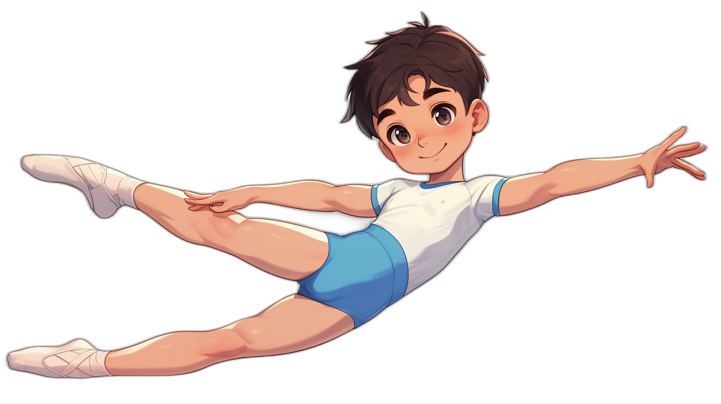 A young boy with short brown hair, wearing white and blue athletic shorts, is in the air doing gymnastics on a black background, in the style of anime.