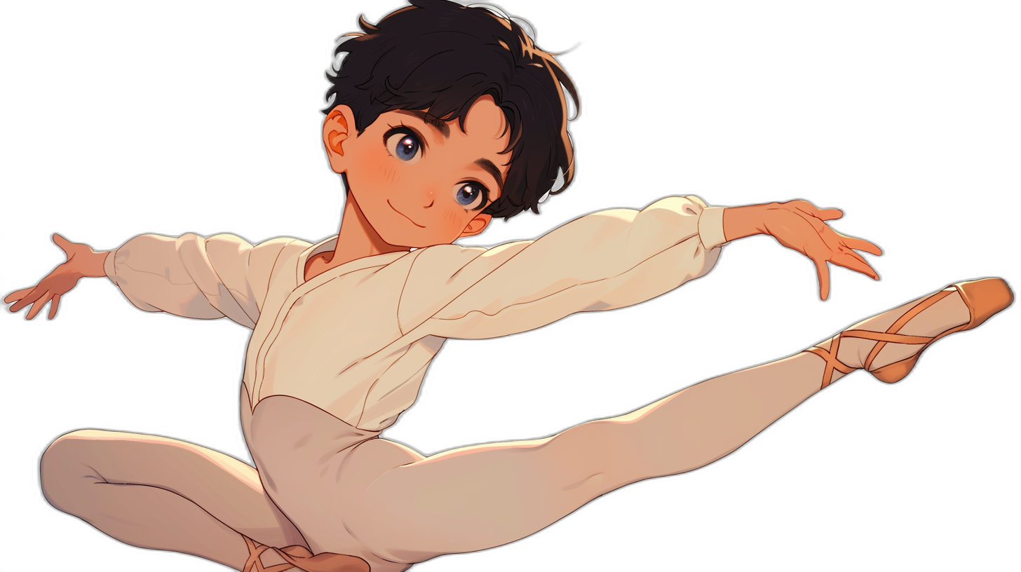 A cute anime boy in white leotards, doing ballet poses with short black hair and brown eyes against a black background in the style of digital art.