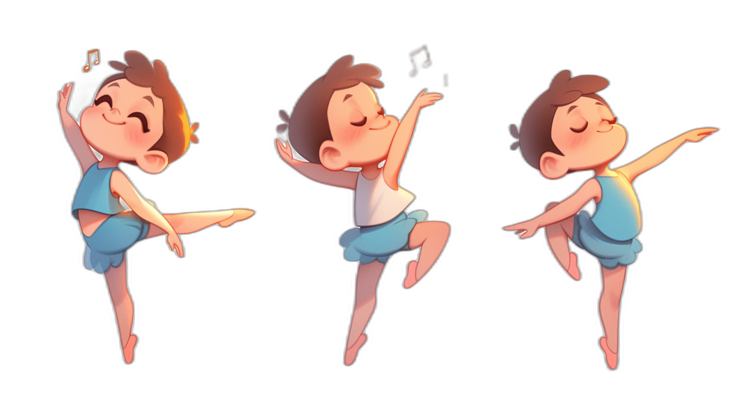 A cute little boy is dancing ballet, showing three views of the character’s body in different poses and expressions, in a 3D cartoon style with Disney Pixar animation influences, on a black background, with cute facial features, wearing blue shorts with white shoes on his feet, dancing gracefully under bright lights, with a simple design using simple lines and simple colors, in the style of Disney Pixar animation.