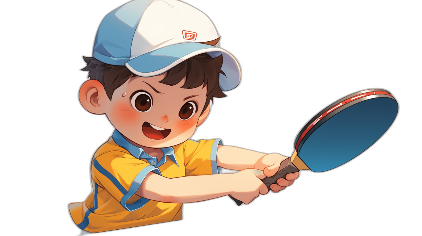 Cute boy playing table tennis, wearing a blue and white baseball cap with a yellow shirt, smiling expression, black background, in the style of [Hayao Miyazaki](https://goo.gl/search?artist%20Hayao%20Miyazaki). In the style of [Studio Ghibli](https://goo.gl/search?artist%20Studio%20Ghibli). Simple strokes, cartoon character design, bright colors, high saturation, front view closeup perspective, holding a racket in hand.