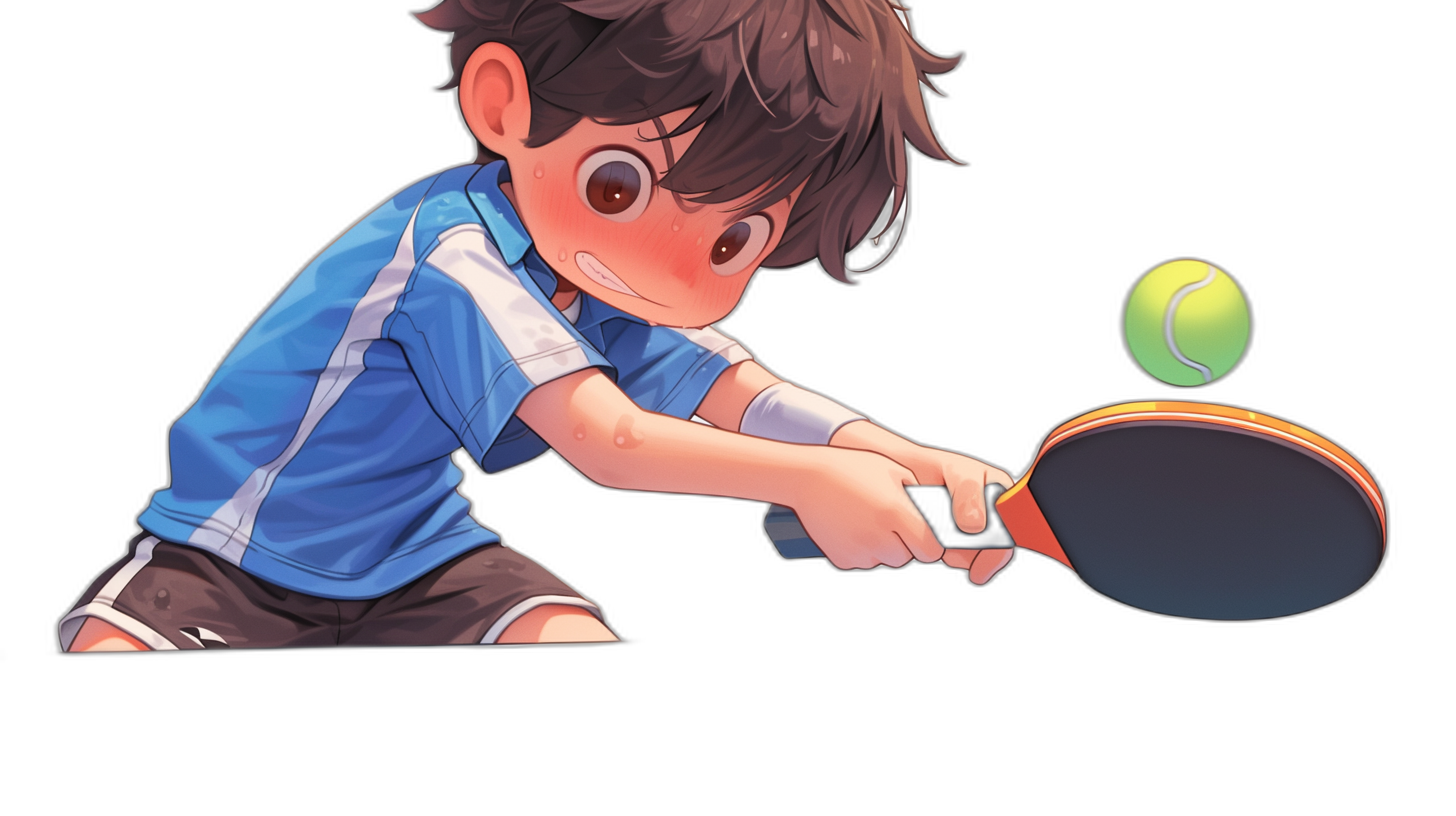 A boy playing table tennis in the style of a cartoon, against a black background, wearing blue and white short sleeves with brown hair, holding the racket with one hand to hit the ball with a cute expression on his face drawn in simple lines with bright colors and epic lighting effects at high resolution and high detail for best quality and details in an anime aesthetic style.