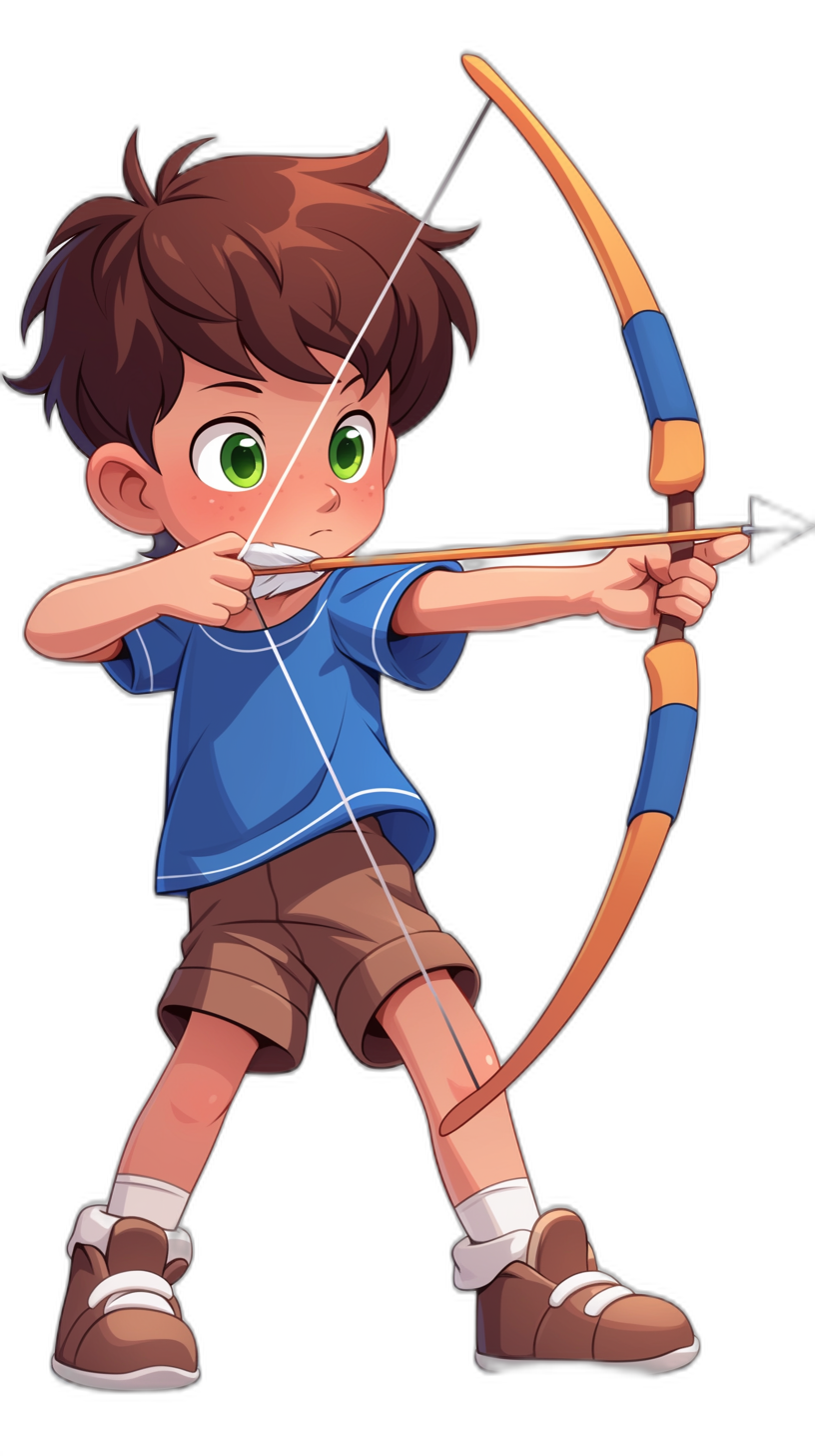 A cartoon style illustration of an archer boy with brown hair, green eyes and wearing a blue t-shirt, white shorts and brown shoes. He is holding his bow ready to shoot an arrow in a full body shot from head to toe against a black background in the style of a clipart design.