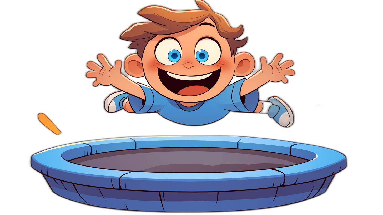 A cartoon-style boy jumping on the trampoline in a vector illustration with a black background and simple shapes. The character has blue eyes, brown hair, and is wearing light-colored , smiling happily while midair above an empty dark blue round mat. A small yellow coin is floating beside him.