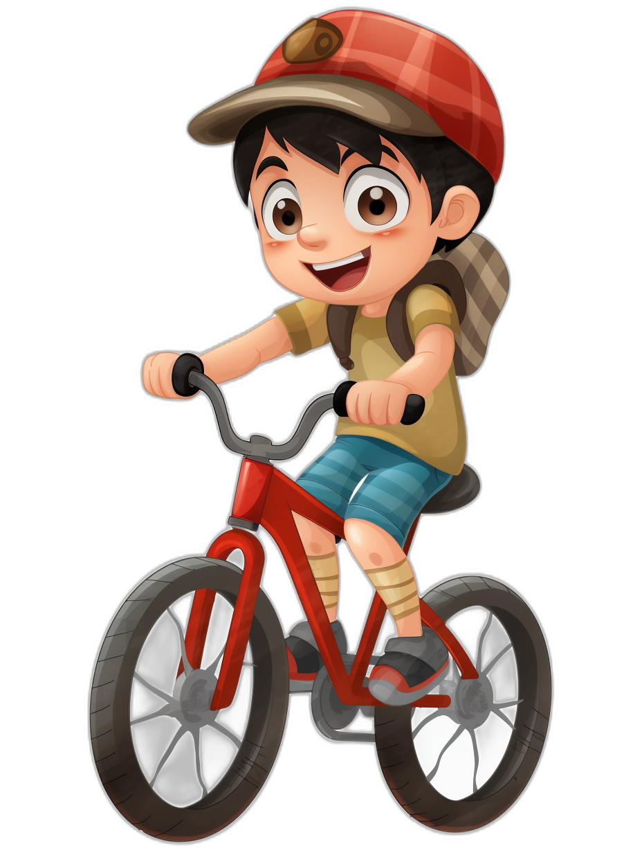 A cartoon character of an Asian boy riding bike, wearing cap and shorts, simple facial expressions, simple lines, flat illustration style, solid black background, high resolution, no shadows on the body. He is smiling happily while sitting in his red bicycle with two big wheels. The overall design should be simple and clear, suitable for children’s book illustrations or casual game art., focus on face, no outline, full color, high detail, no shading,