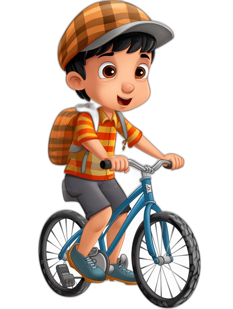 A cute Asian boy is riding his bike in the style of a cartoon with a black background. The character has short hair and brown eyes wearing an orange checkered cap on his head. He’s dressed in gray shorts, blue shoes, and carrying a backpack. The illustration has simple details with a full body shot against a simple background. The portrait is in a simple animation style with flat colors, vector graphics, and simple lines with a black outline. It is a high resolution, best quality image.