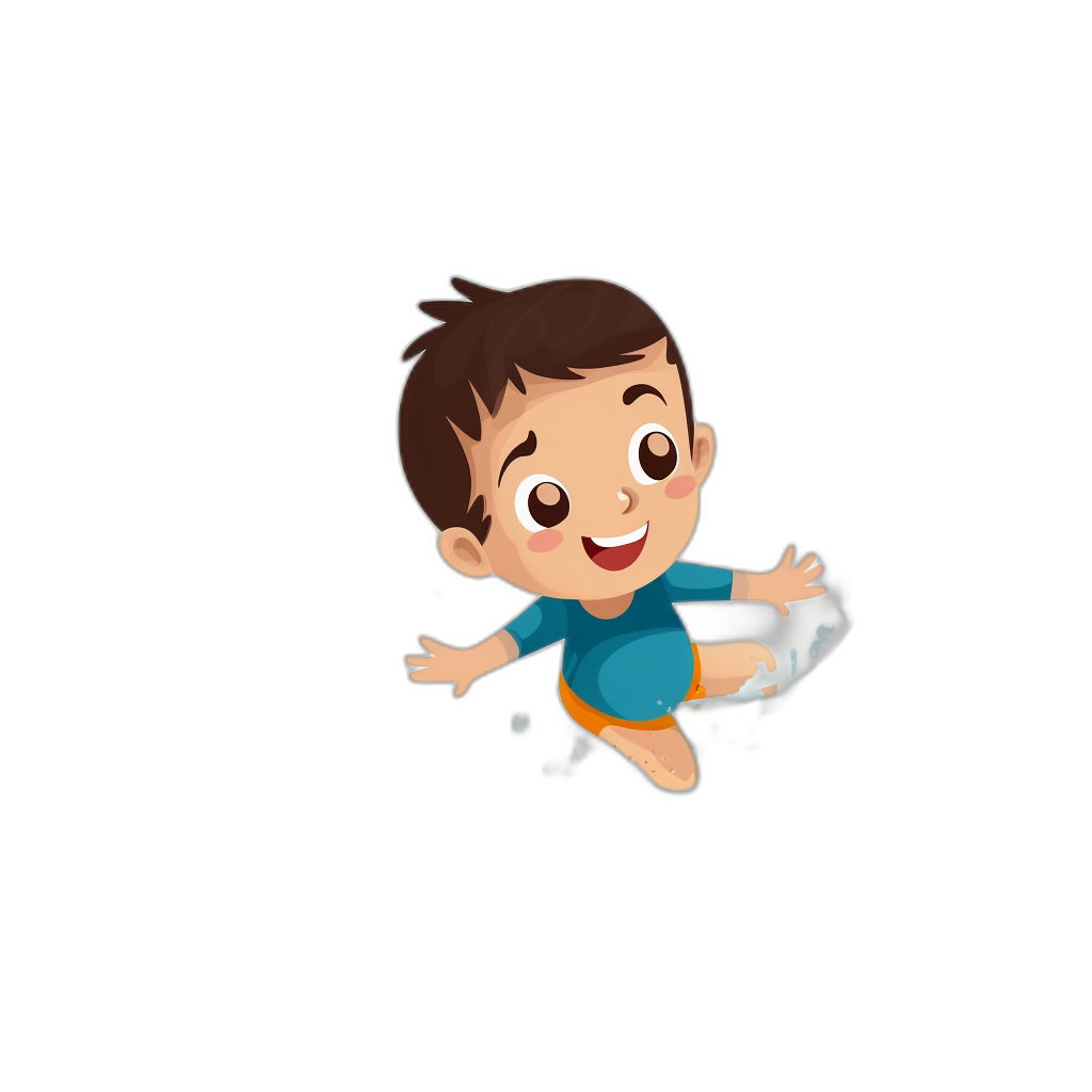 A little boy is jumping with a smiling face. The illustration is in a simple and cute character style with flat design and bright colors. It has a top view of a cartoon animation character in the style of flat cartoon animation against a white background. The image is high definition with simple lines and a 2D style.