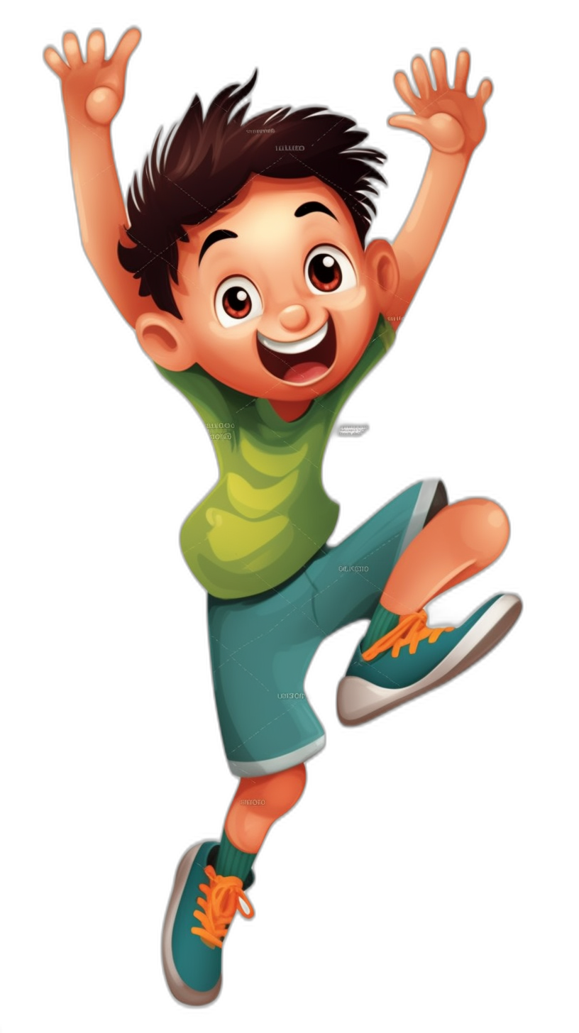 Illustration of a cartoon boy jumping with his hands up, smiling with a happy facial expression, wearing a green t-shirt and blue shorts, with orange shoes, against a black background, with high quality details. The illustration is in the style of a cartoon.