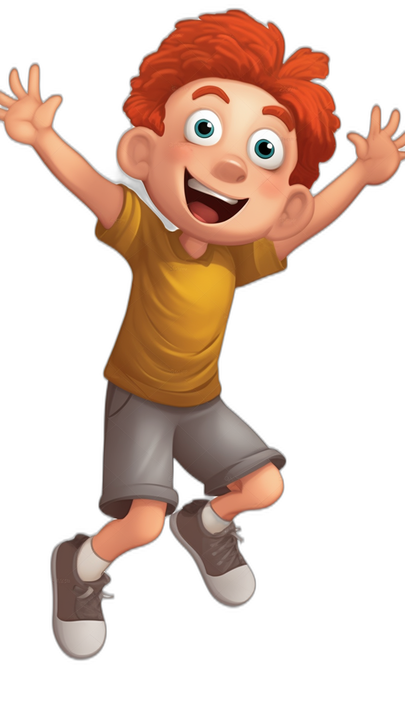 A redheaded boy jumping with a happy face in full body against a black background in the style of a Disney Pixar cartoon character.