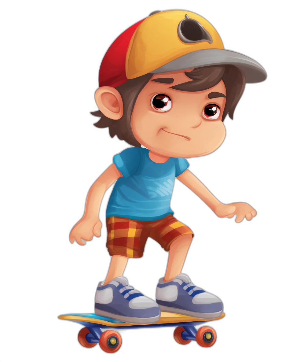 cartoon character of a boy on a skateboard, in a casual game style, casual art, casual graphics, casual cartoon, simple shapes, low details, in the style of a mobile game, casual game, black background, mobile wallpaper