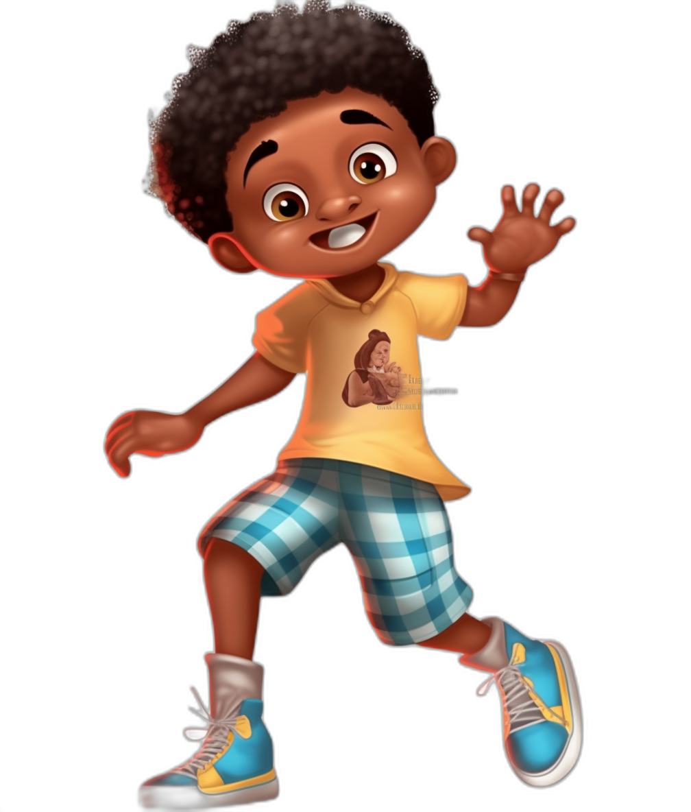 Cute cartoon character of an African American boy, wearing blue and white checkered shorts with a yellow shirt, smiling and waving his hand out to the side while running. He is in colorful shoes on a black background, in the style of Disney Pixar. The art is in a Disney style and resembles Disney movie animation. It is a full body, 3D rendering with no outline around his head and in a 2D animation style. The image is high resolution, high detail, and high quality.